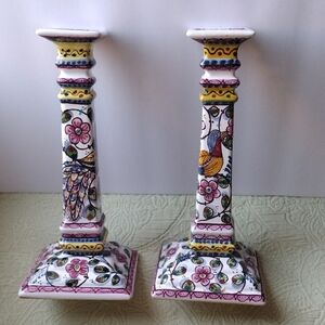 Hand-Painted Floral Candlesticks Estrelade Coumbriga Portugal
